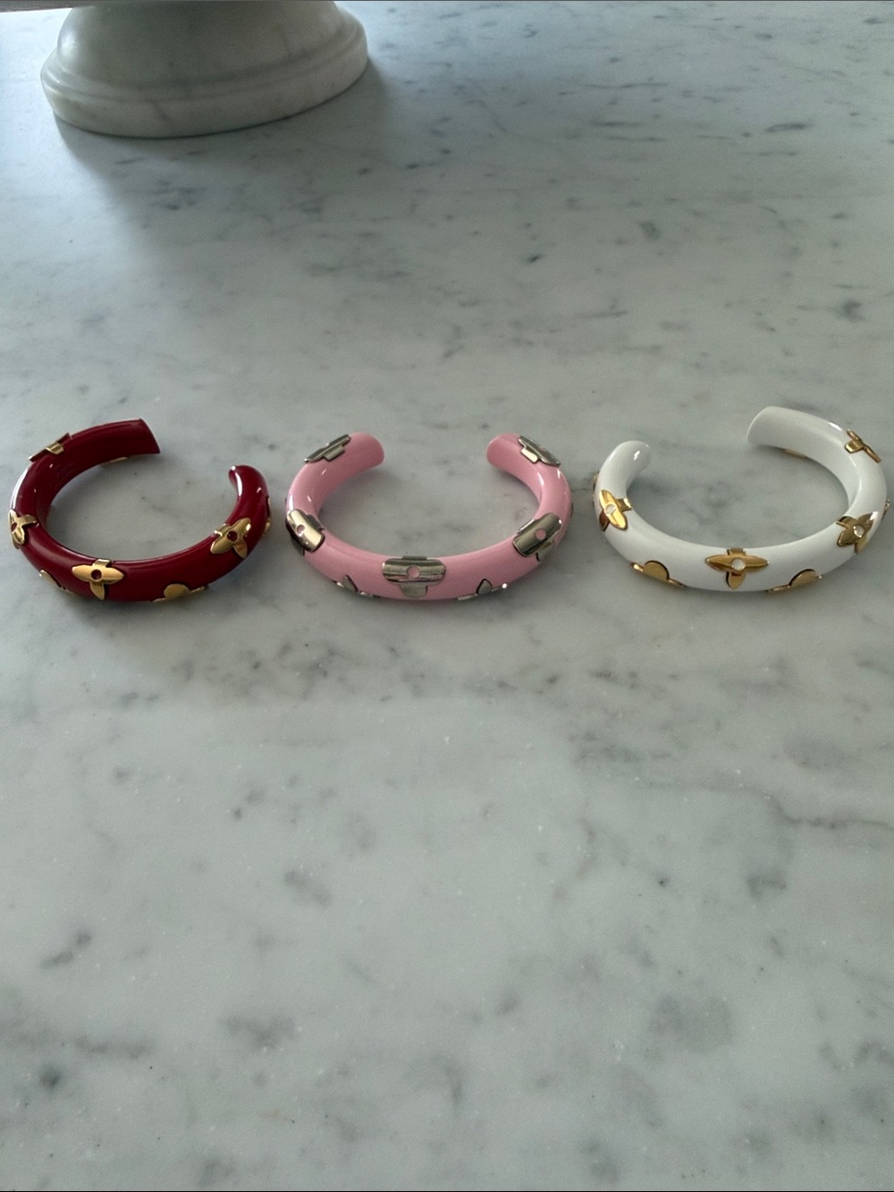 Louis Vuitton Red, Pink & White Enamel Cuff Bracelets with Gold Motif